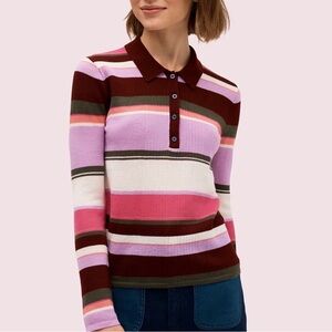 Kate Spade Fine Stripe Polo Sweater in Deep Fig - Merino Wool